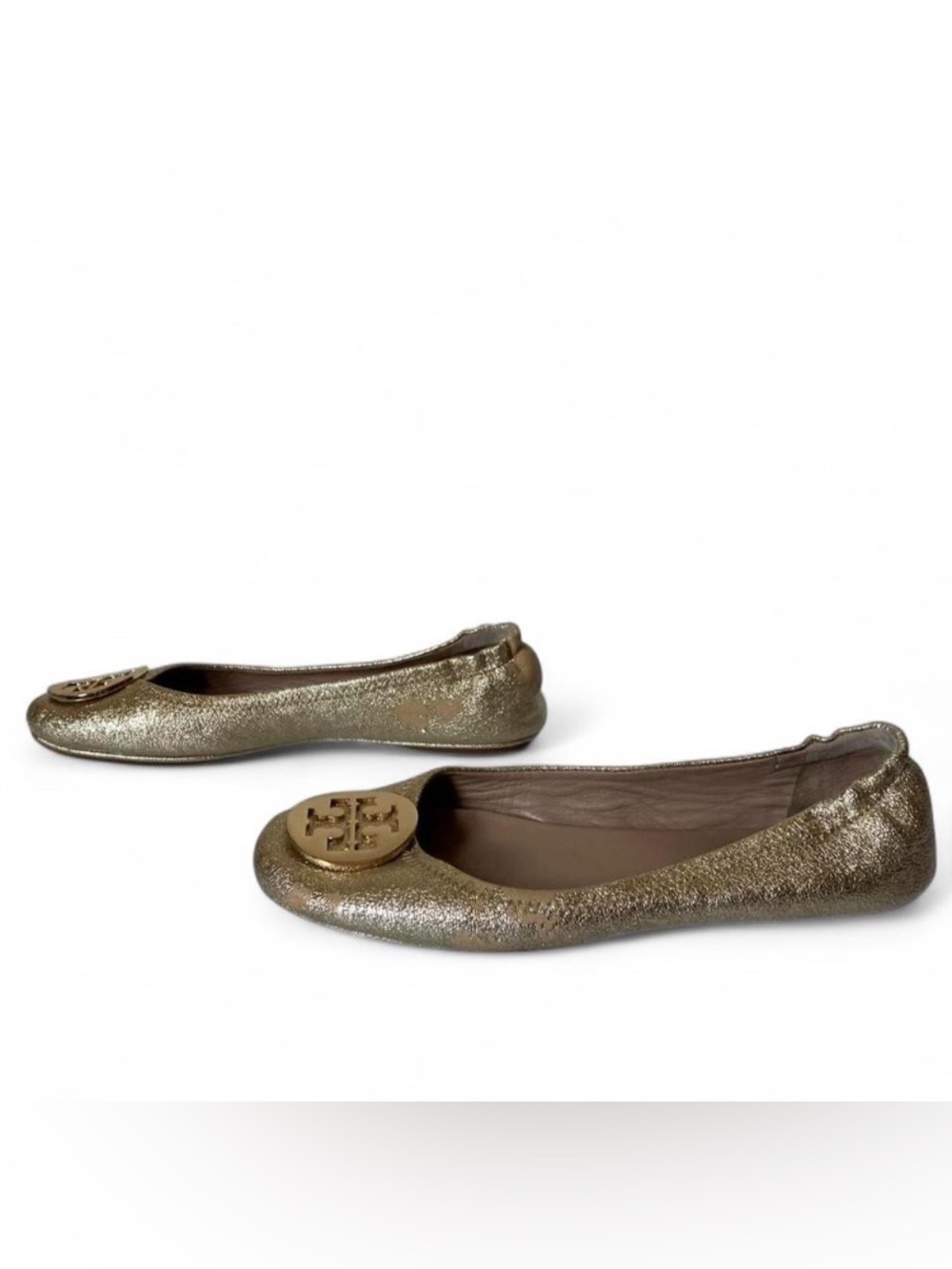 Tory Burch Reva Metallic Gold Crinkle Leather Ballet Flats size 8.5 - Picture 2 of 10